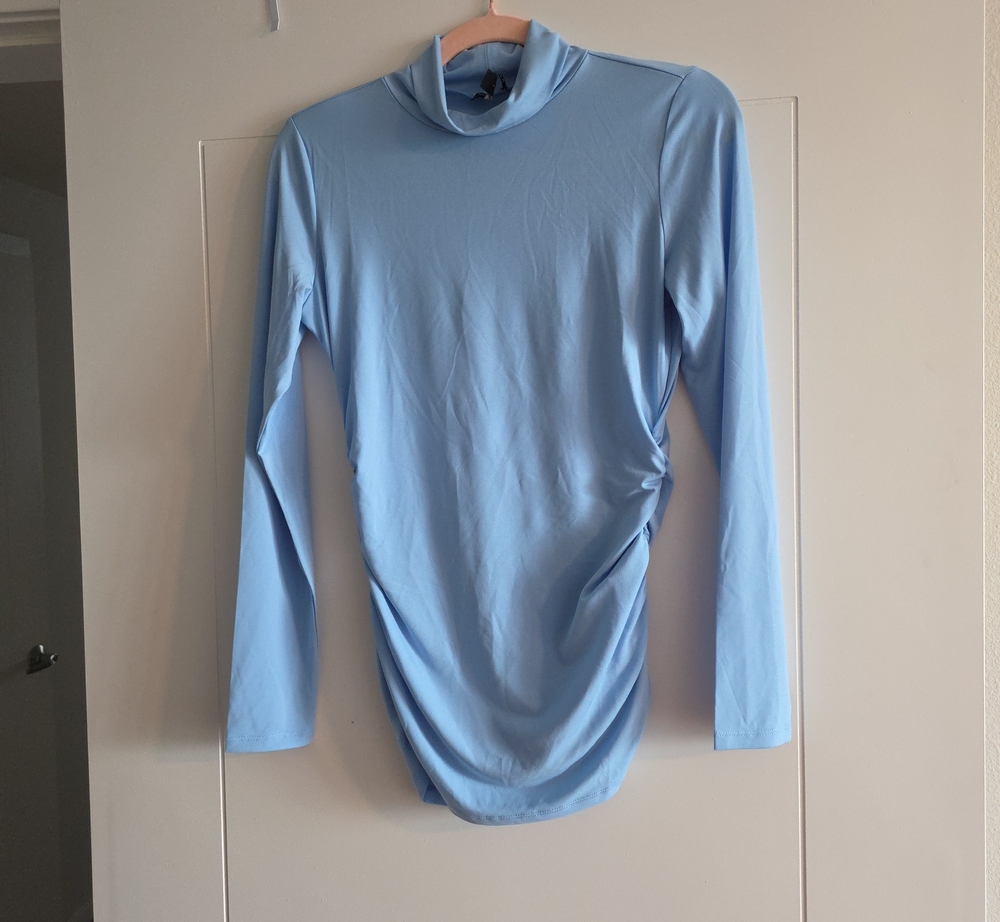 Boston Proper Light Blue Long Sleeve Mock Neck Top with Side Drape